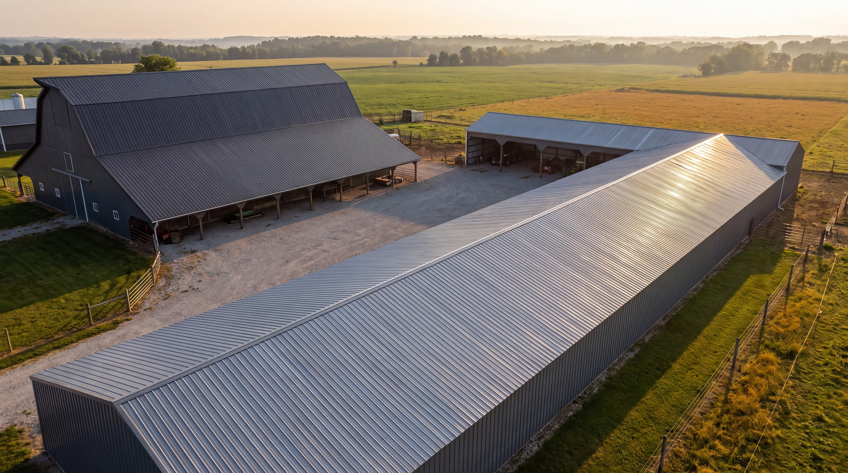 Golden-hour aerial of a farmstead with new standing-seam metal roofs