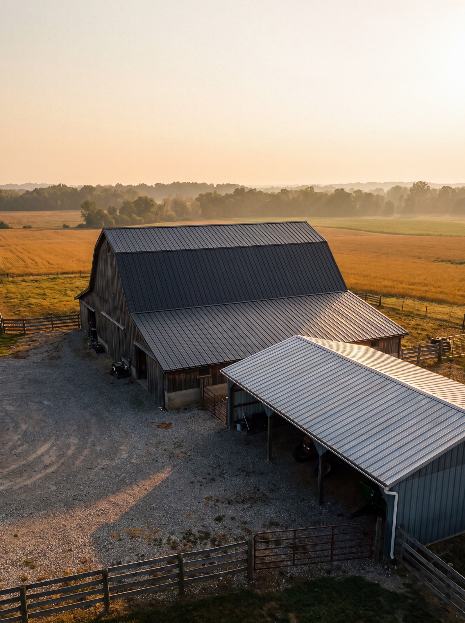 Golden-hour farmstead with new standing-seam metal barn roof