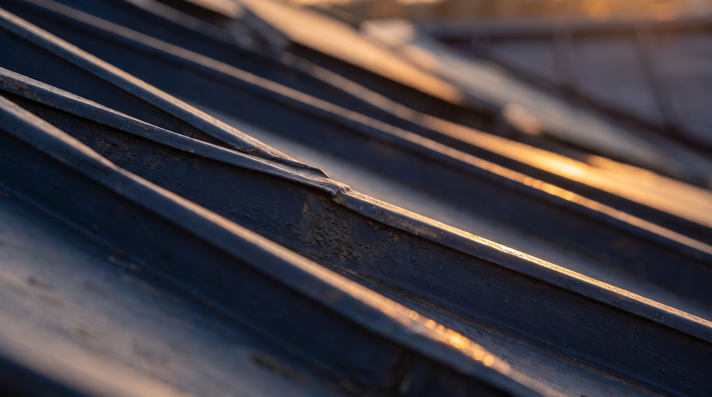 Standing-seam metal roofing detail at sunset