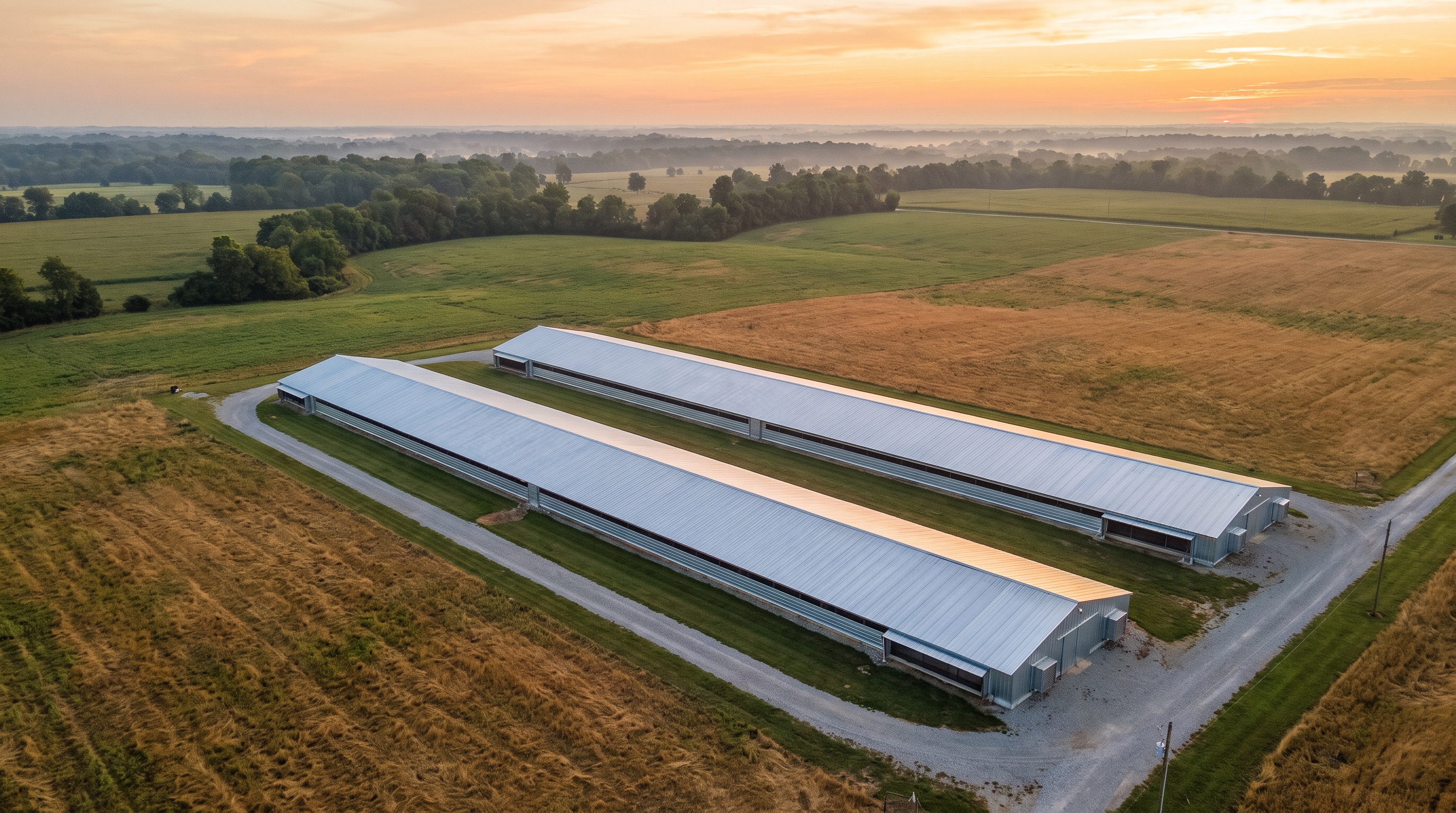 Aerial view of poultry barns with new metal roofs